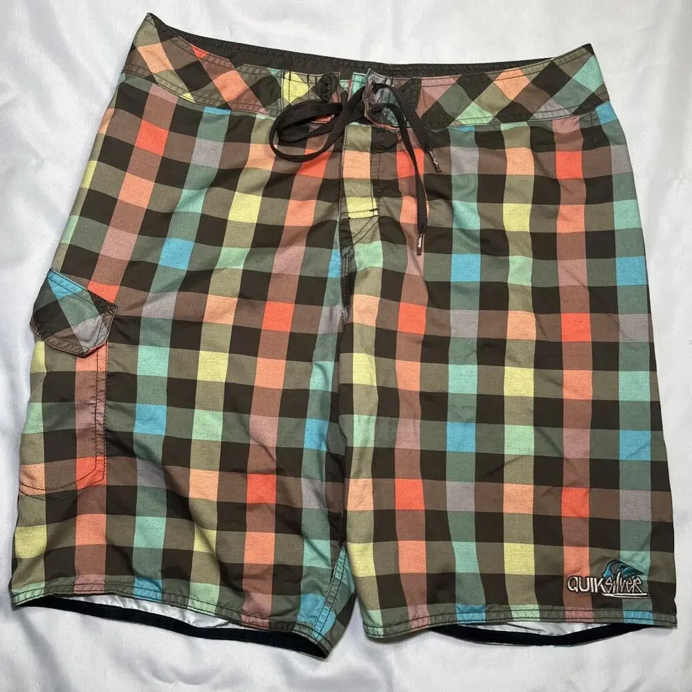 Quiksilver Board Shorts Sz 34 Vintage Retro Style Checker Plaid Brown Blue Swim